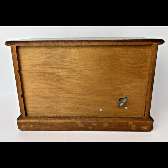 Vintage Brown Wood 4 Drawer Music Jewelry Box Chest Yellow Velvet 7"H x 10.5"L - Picture 6 of 11